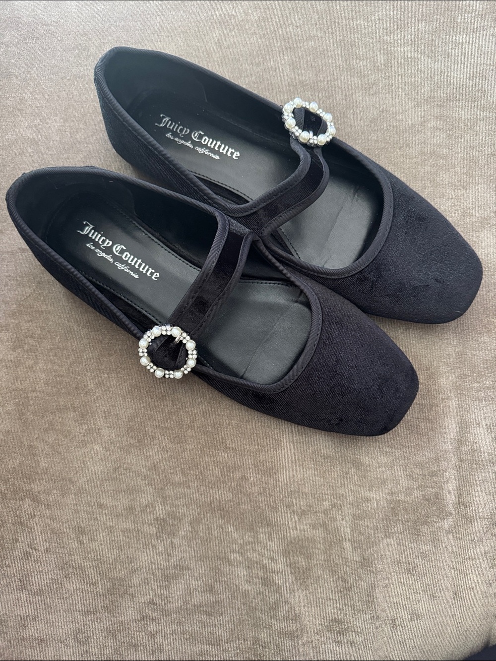 Juicy Couture Black Pearl-Embellished Mary Jane Flats